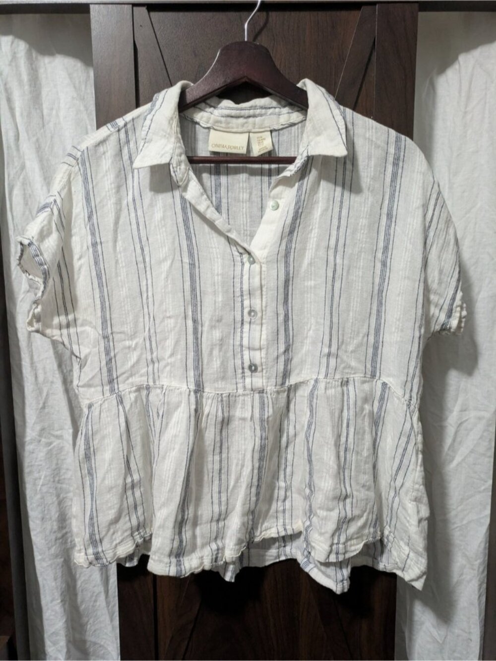 White Striped Linen-Blend Peplum Button-Up Top